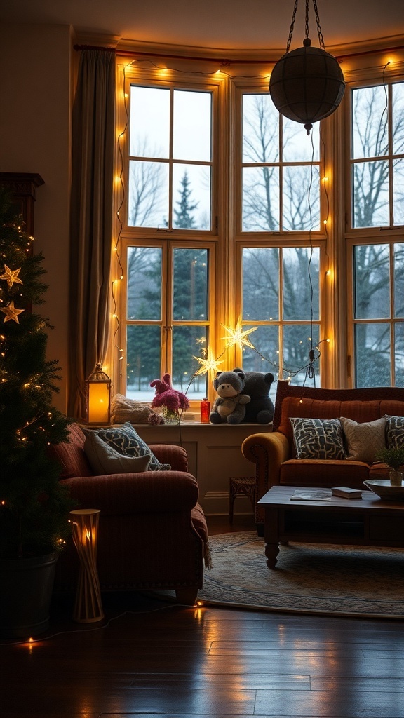 Cozy Christmas living room with twinkling string lights