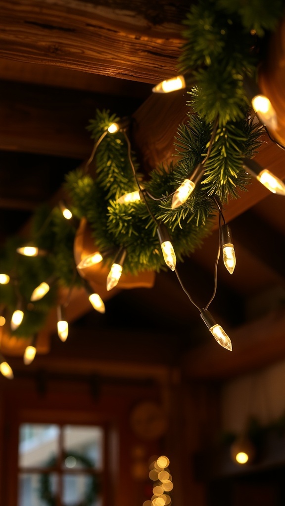 Twinkling string lights on a garland in a rustic setting
