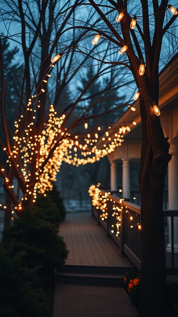 Twinkling string lights wrapped around trees and along a porch railing in a winter setting.
