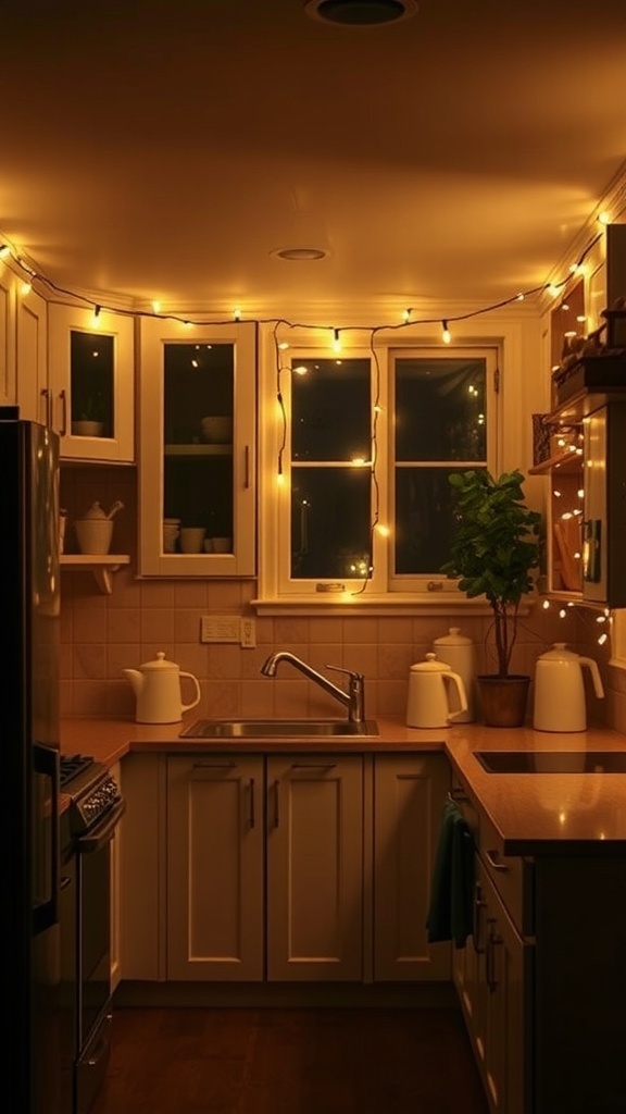 A cozy kitchen decorated with twinkling string lights.
