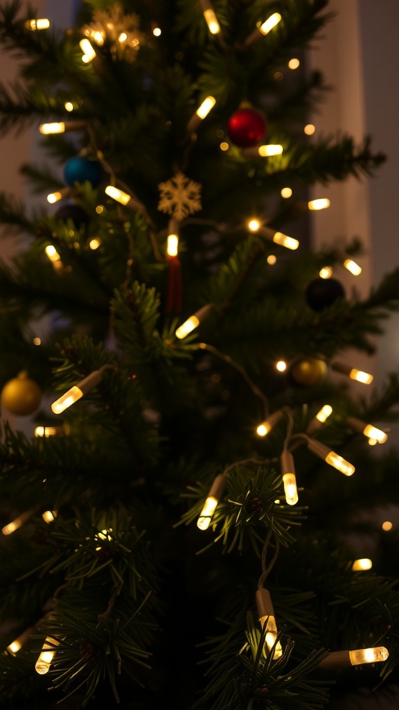 Twinkling string lights on a Christmas tree