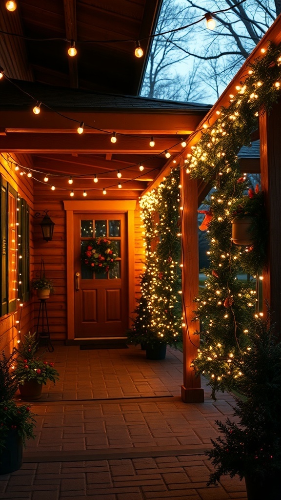 A cozy farmhouse porch decorated with twinkling string lights and festive greenery.