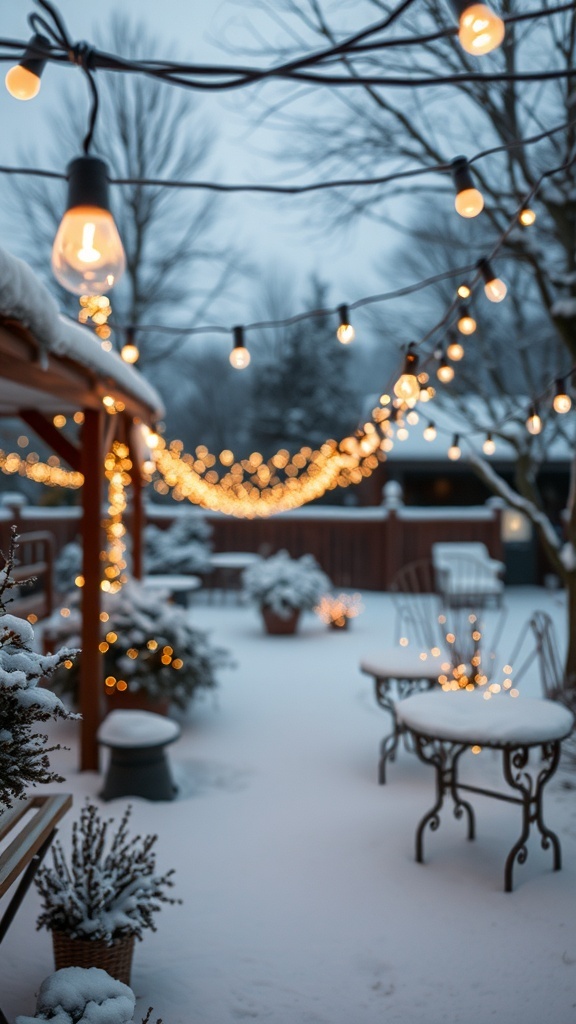 A snowy outdoor area decorated with twinkling string lights, creating a cozy winter atmosphere.