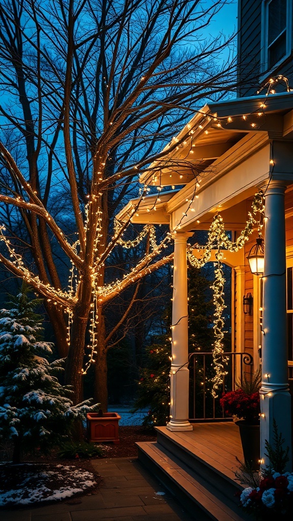 A cozy home decorated with twinkling string lights during winter.