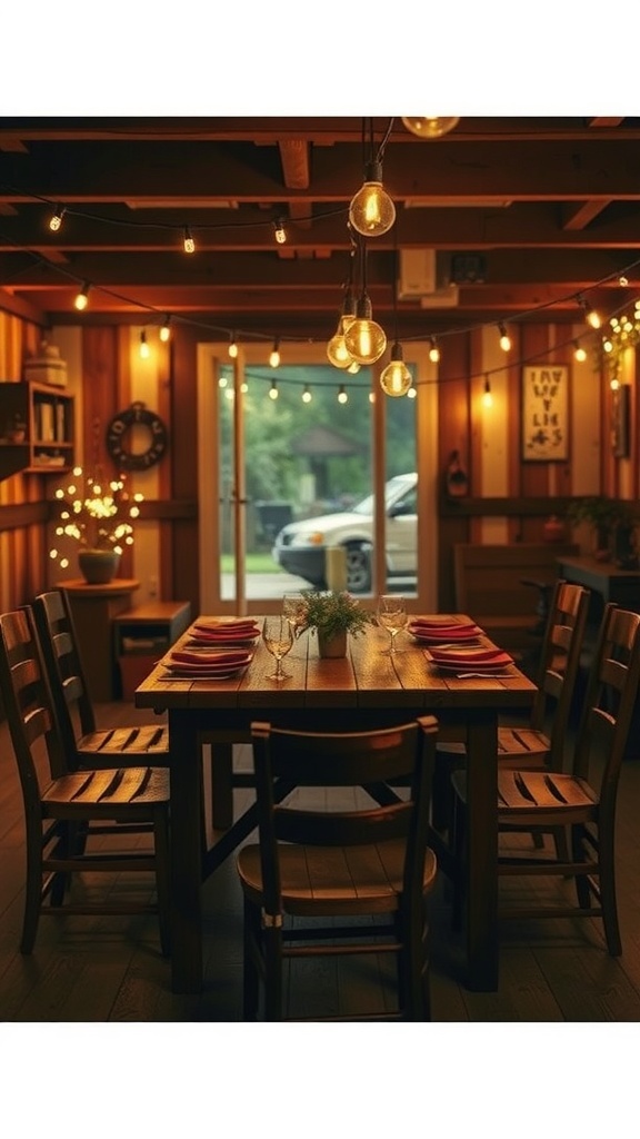 A rustic dining table decorated with twinkling string lights and elegant table settings.