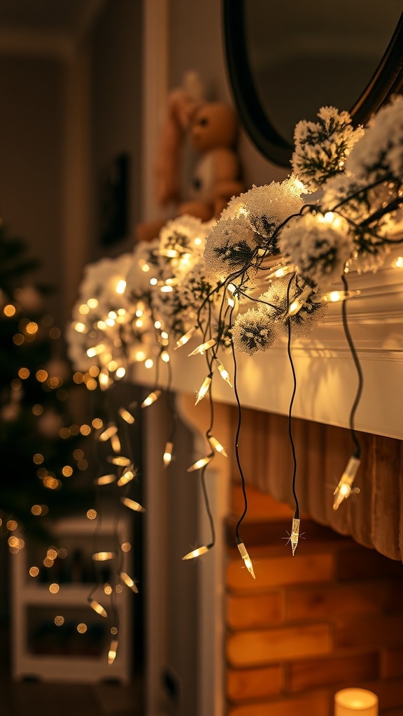 A beautifully decorated fireplace mantle with twinkling string lights and festive decor.