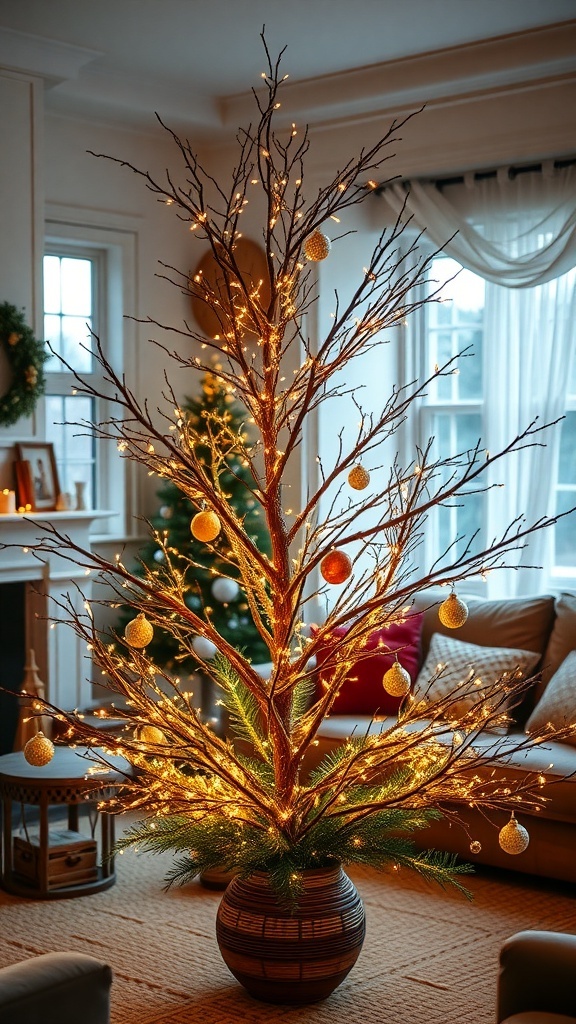 A beautifully decorated tree branch display with lights and ornaments, creating a warm holiday atmosphere.