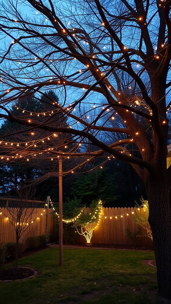 A backyard with string lights wrapped around tree branches and along a fence, creating a festive atmosphere.