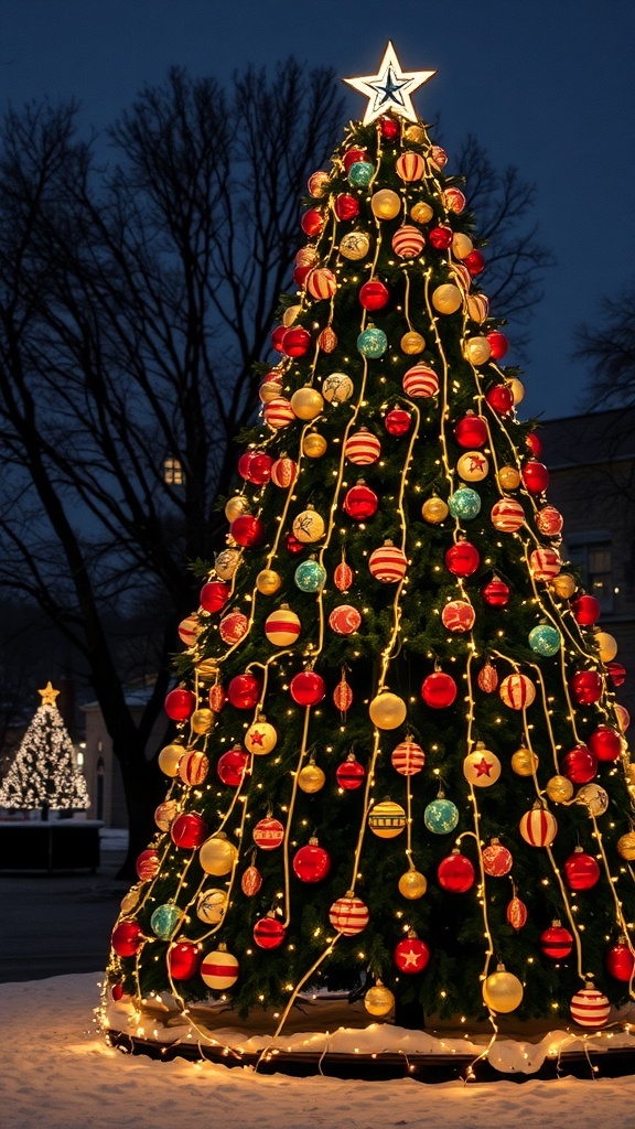 A beautifully decorated Christmas tree with colorful ornaments and twinkling lights.