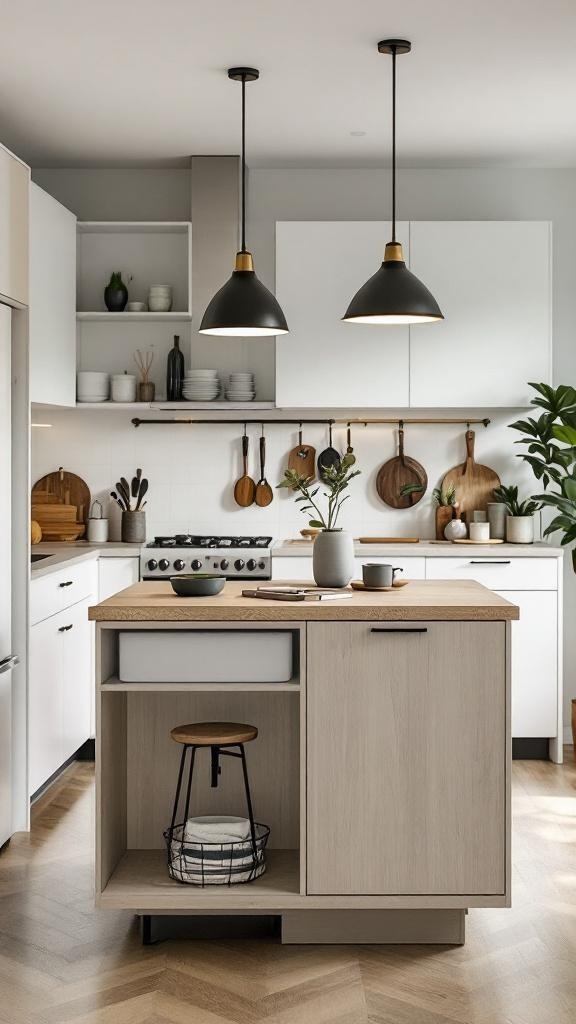 A modern kitchen with a two-tiered island featuring a light wood top and storage underneath.