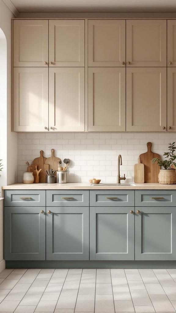 A kitchen with two-tone cabinets: beige upper cabinets and blue lower cabinets, featuring a clean countertop and wooden accents.