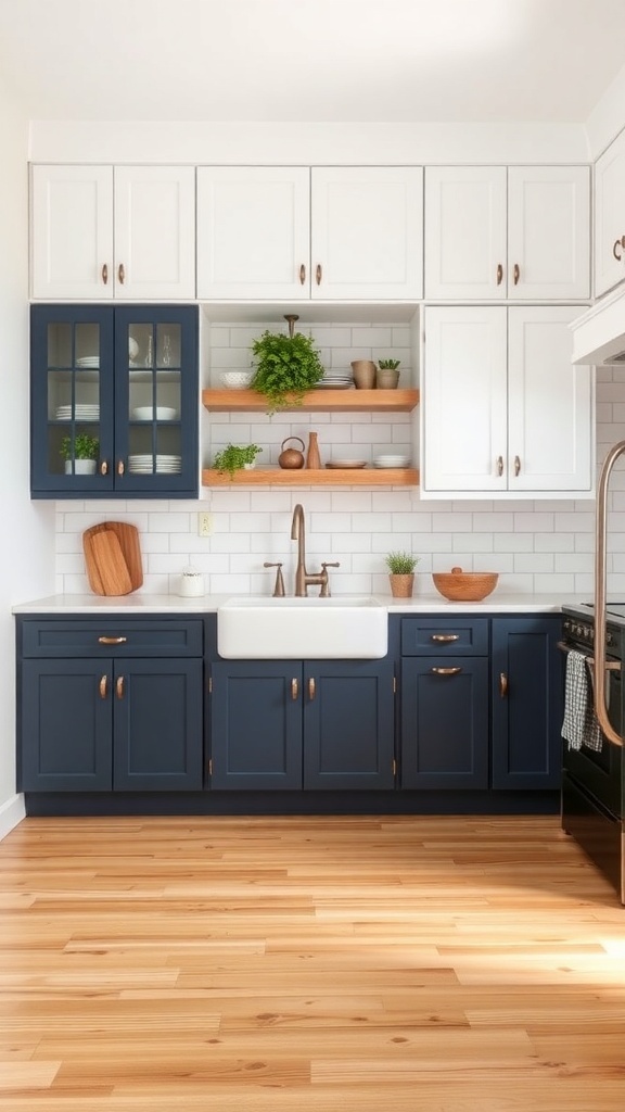 A rustic kitchen featuring two-tone cabinets in navy blue and white with wooden accents.