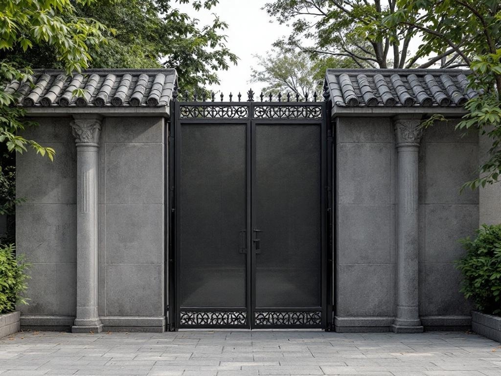 A stylish entry divider featuring a black gate and stone columns surrounded by greenery.