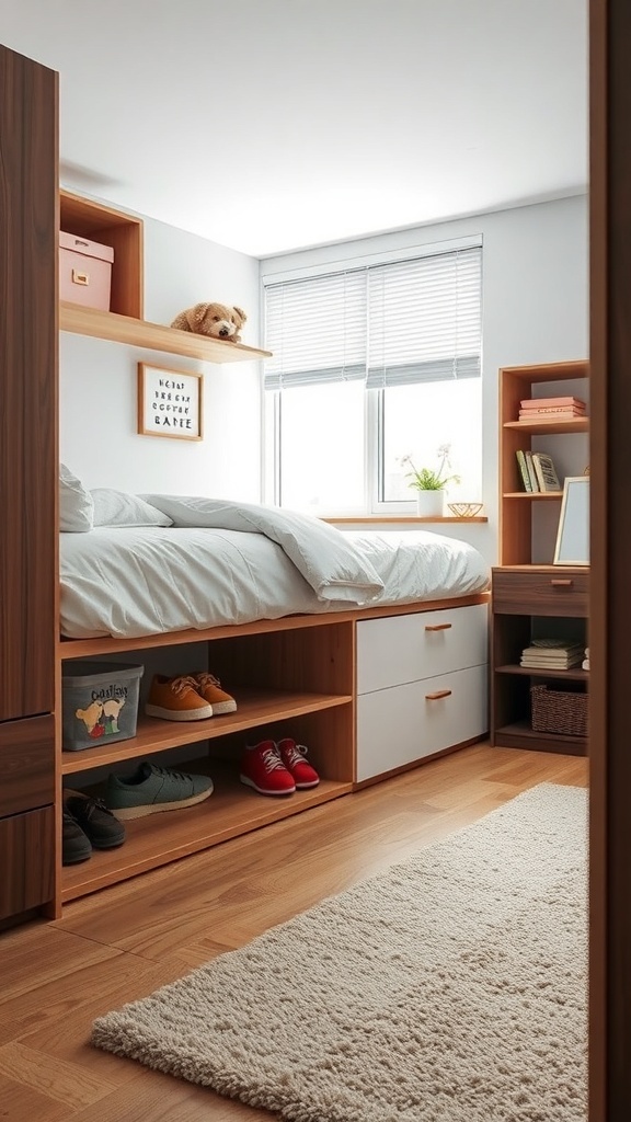 Cozy bedroom with under-bed shelving, showcasing organized storage and natural light.
