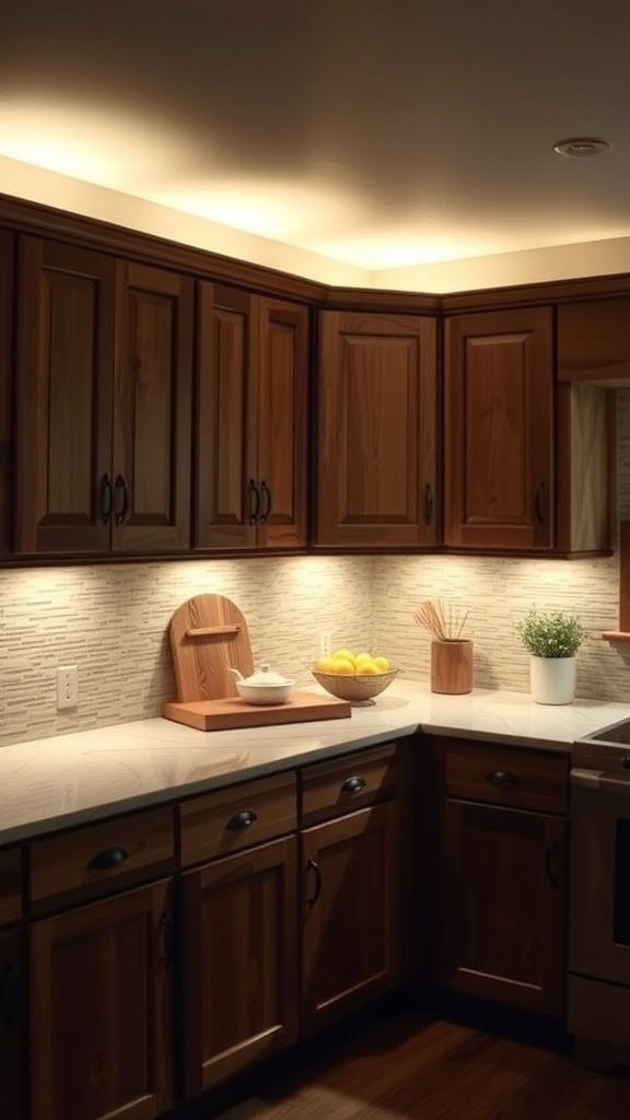 Warm under-cabinet lighting illuminating a farmhouse kitchen countertop.