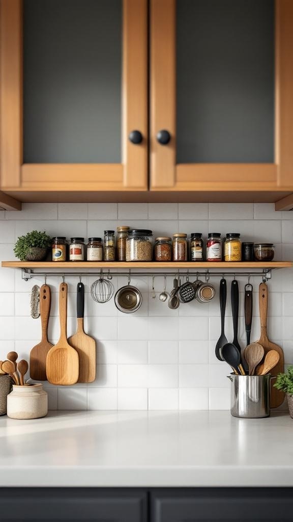 Under-cabinet shelving displaying spice jars and hanging kitchen utensils