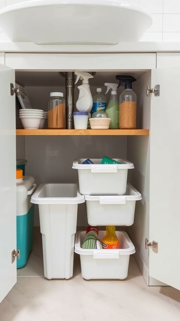 Organized under-sink storage with cleaning supplies and bins.