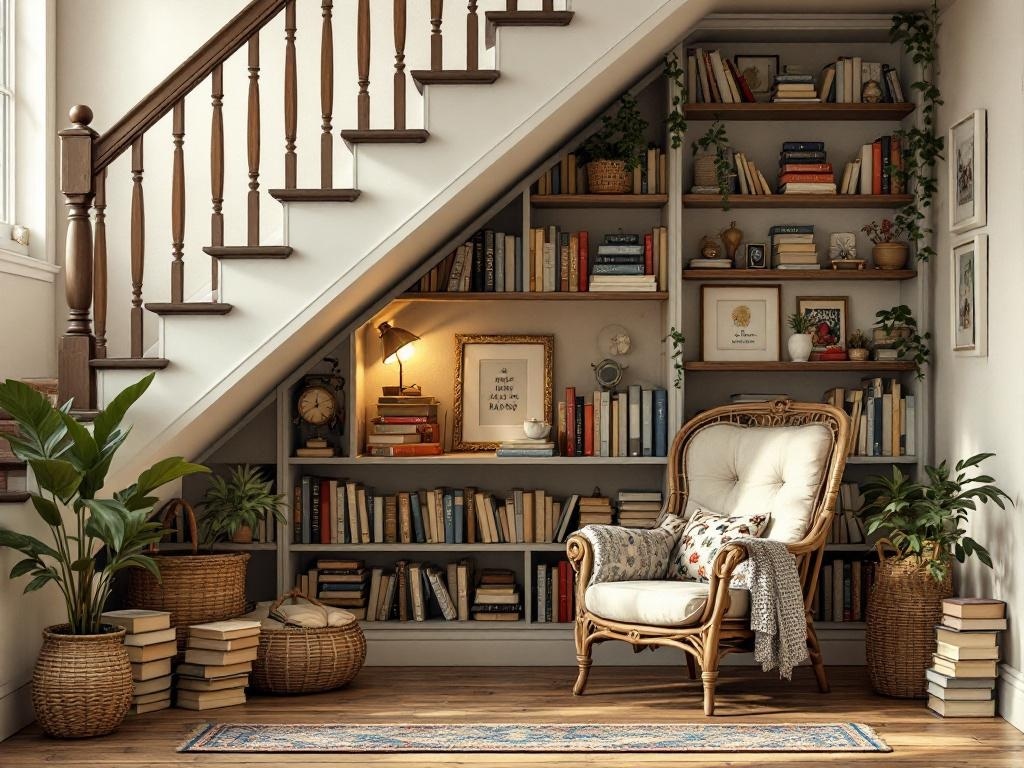 Cozy reading nook under the stairs with bookshelves, a comfortable chair, and plants.