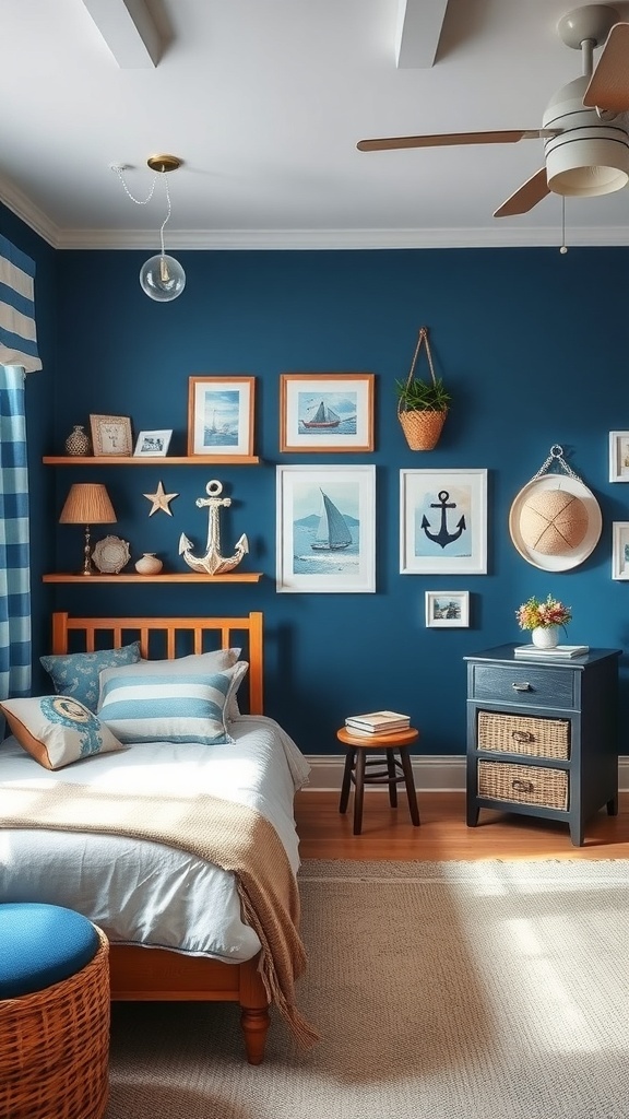 A cozy teen bedroom with a nautical theme, featuring deep blue walls, a wooden bed, and sea-inspired decor.