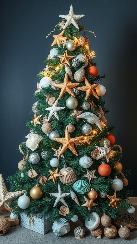 A beautifully decorated Christmas tree with an under the sea theme, featuring starfish, seashells, and ocean-colored ornaments.