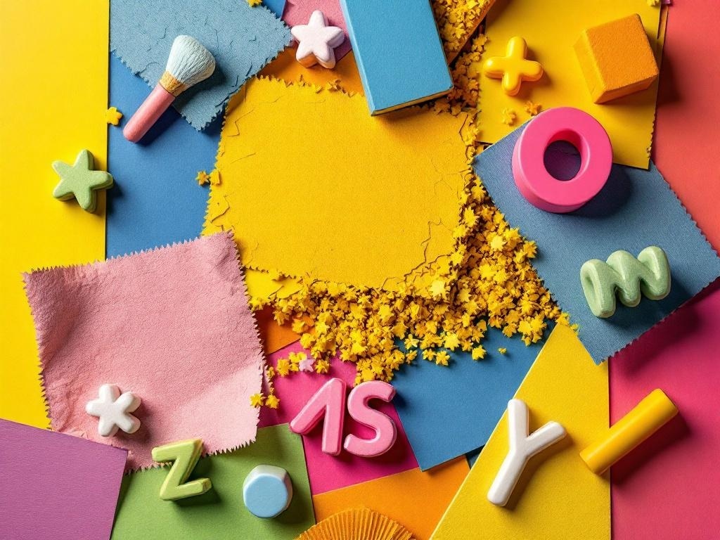 A colorful arrangement of papers, shapes, and letters in vibrant colors like yellow, blue, and pink.