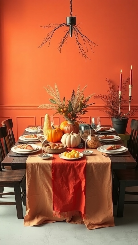 A modern Thanksgiving table setting with an orange wall, pumpkins, and elegant glassware.