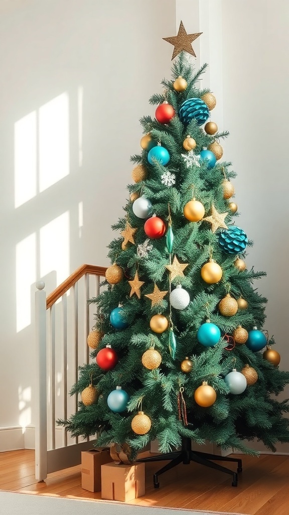 A Christmas tree decorated with teal, gold, red, and blue ornaments, featuring a star on top.