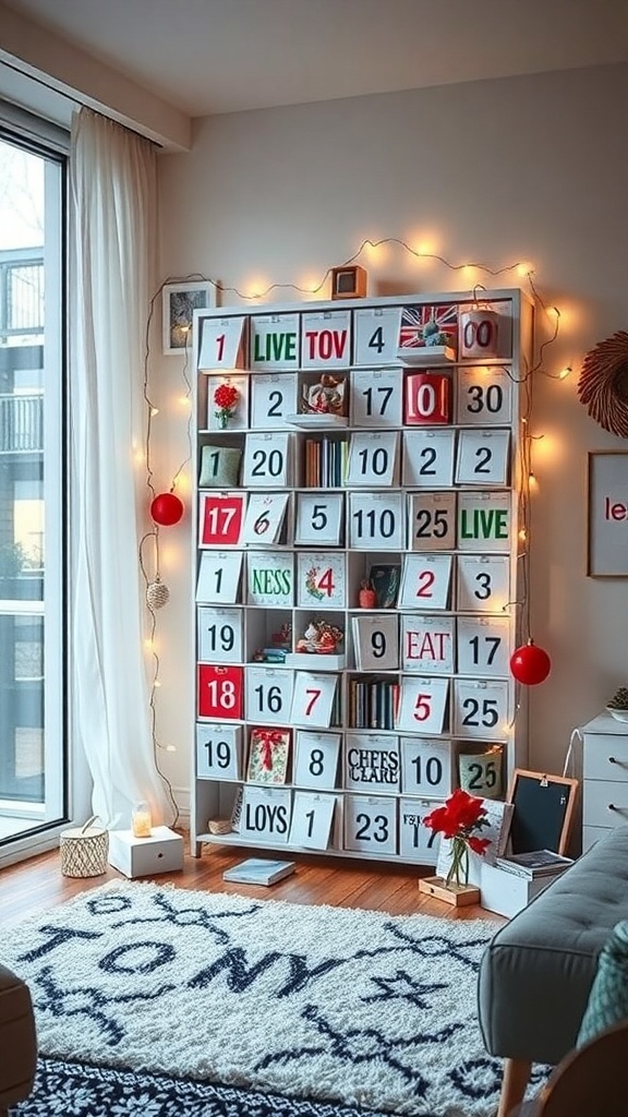 A unique advent calendar display with numbers and decorations, illuminated with lights.