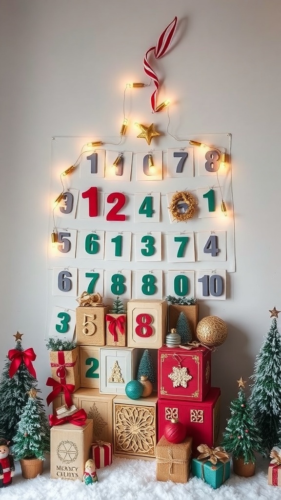 Eclectic advent calendar with colorful numbers and festive decorations.