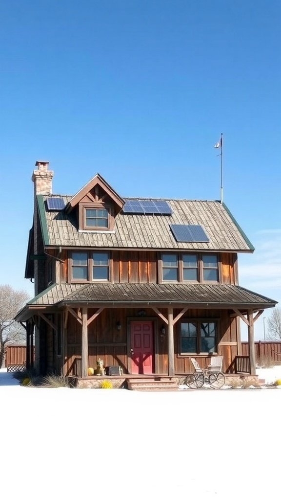 A rustic house with wooden exterior, sloped roof, solar panels, and a red door.