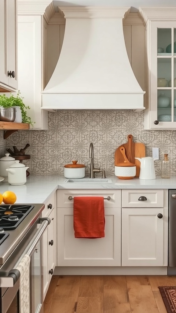 Farmhouse kitchen with a patterned backsplash and white cabinetry.