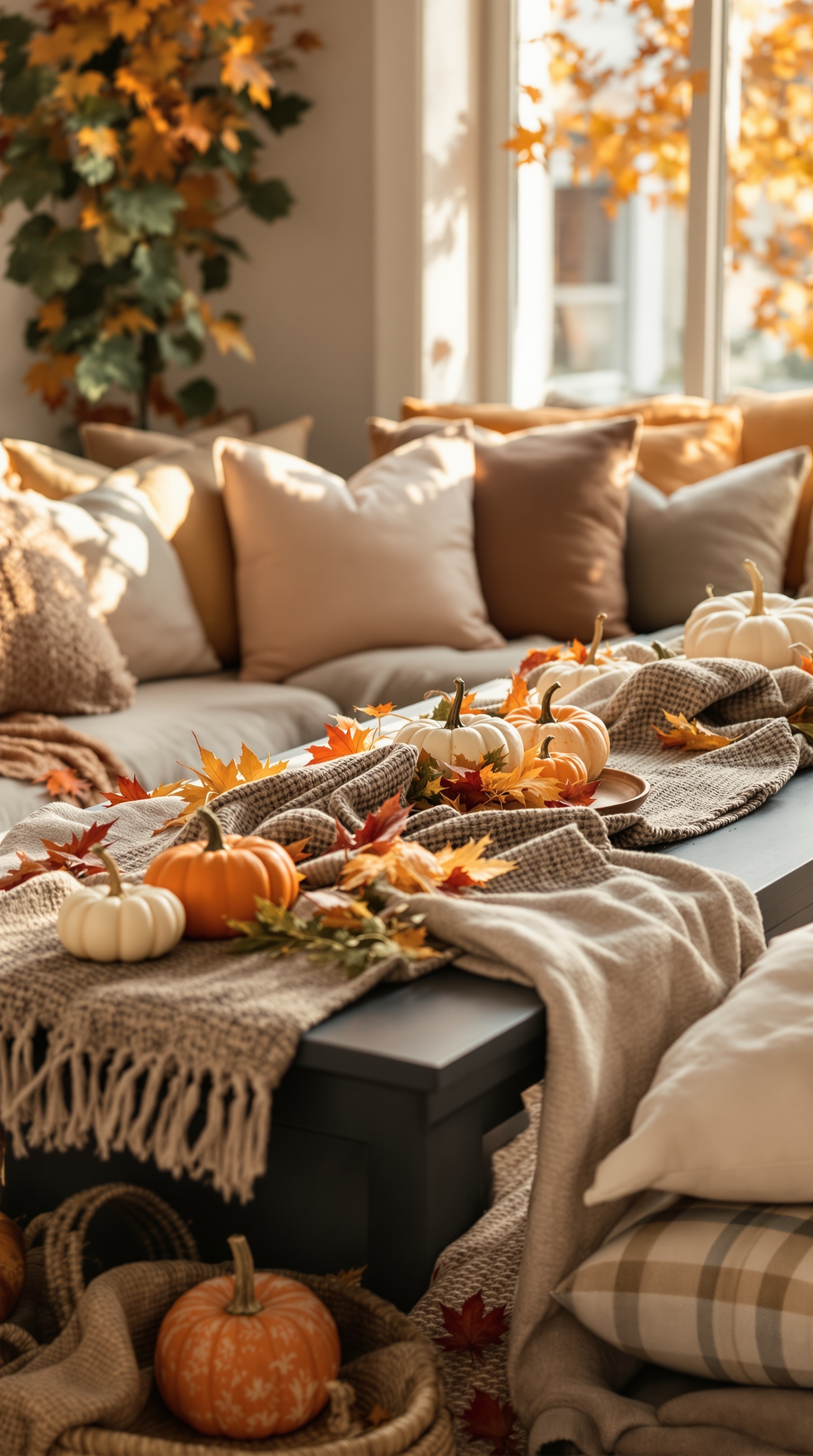 Cozy living room decorated for Thanksgiving with pillows, pumpkins, and warm lighting.