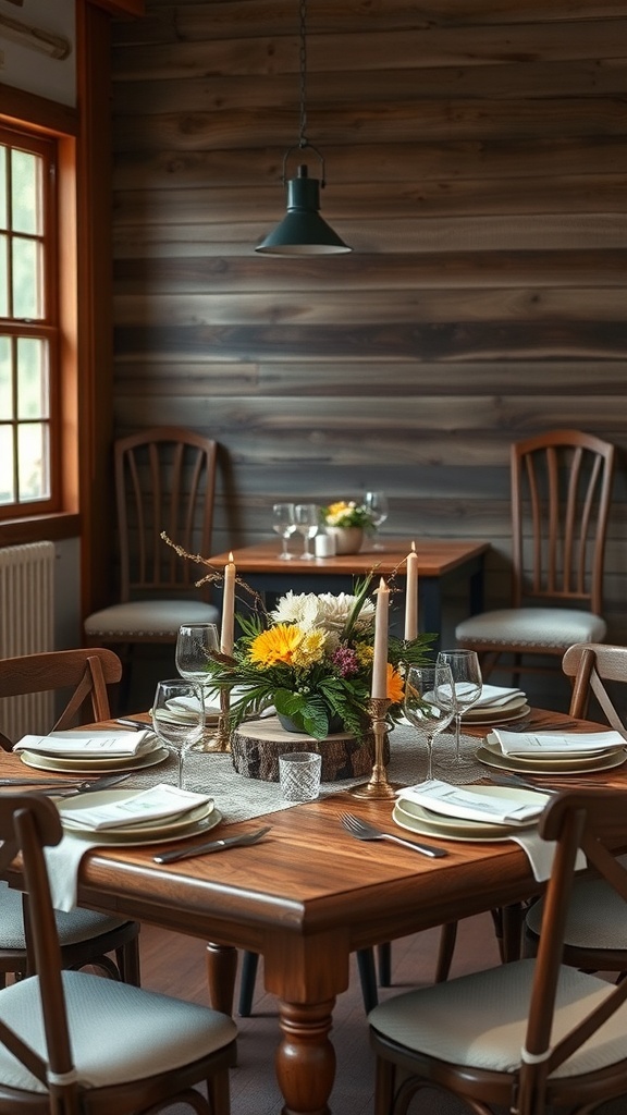 A rustic chic dining table with a wooden centerpiece, flowers, and candles.
