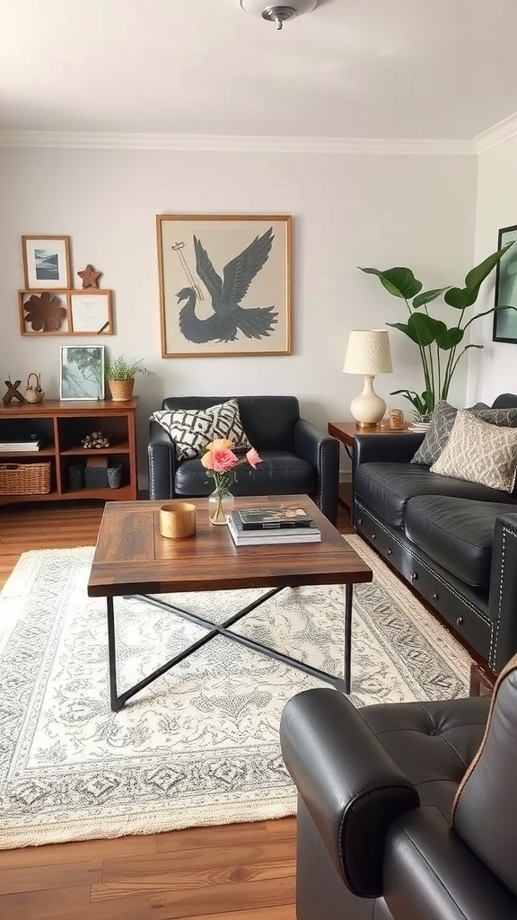 A cozy industrial farmhouse living room featuring a unique coffee table.