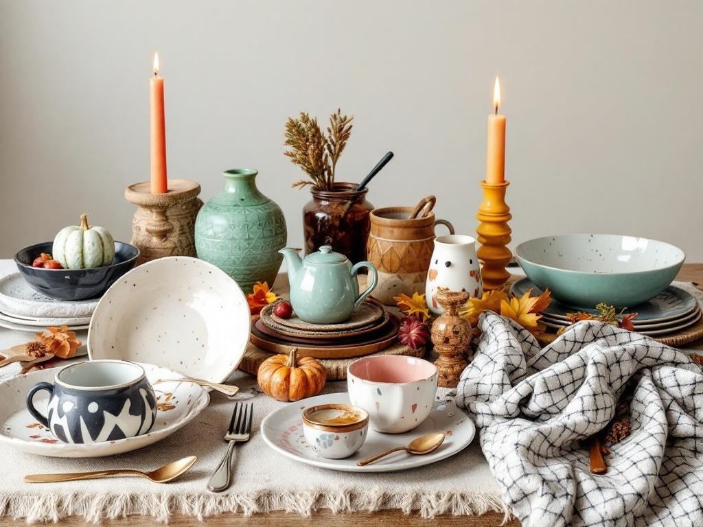A beautifully arranged boho Thanksgiving table featuring unique dinnerware, candles, and autumn decorations.