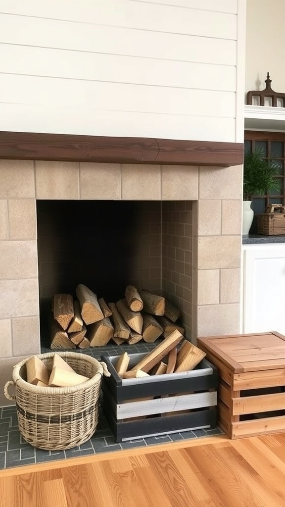 A modern farmhouse fireplace with organized firewood storage in baskets and crates.