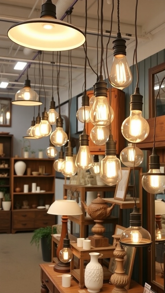 A collection of unique farmhouse lighting fixtures, including hanging bulbs and rustic lamps, displayed in a cozy setting.