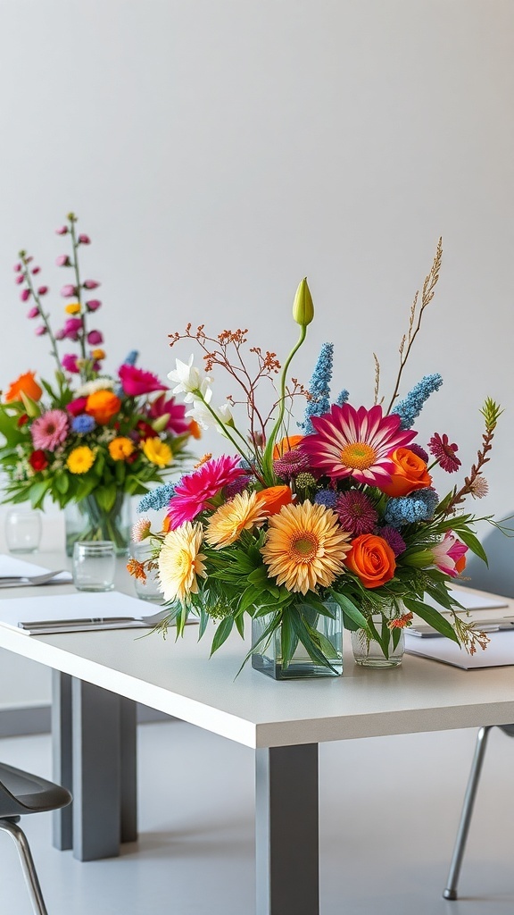 A modern Thanksgiving table featuring vibrant floral arrangements with seasonal blooms in various colors.