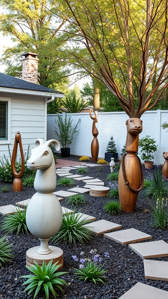 Unique garden sculptures in a modern farmhouse backyard