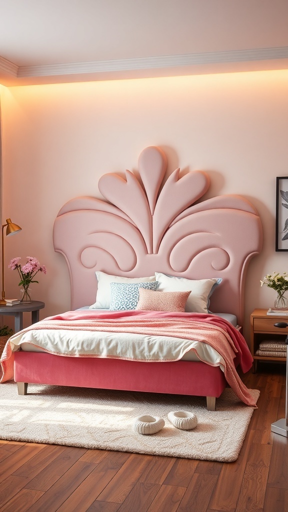A stylish pink headboard with a floral design in a cozy teen girl's bedroom.