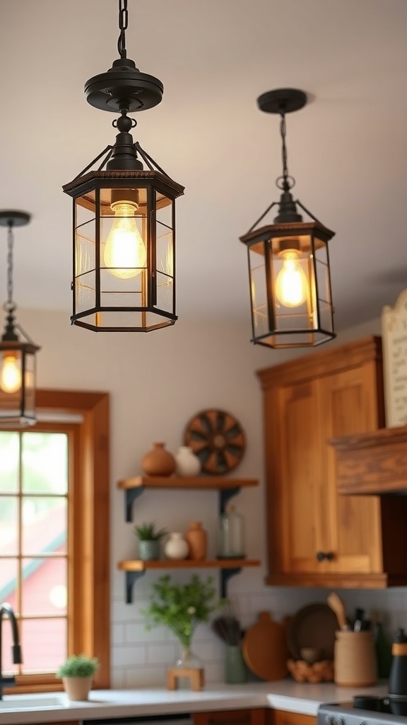 Lantern-style light fixtures in a modern farmhouse kitchen.