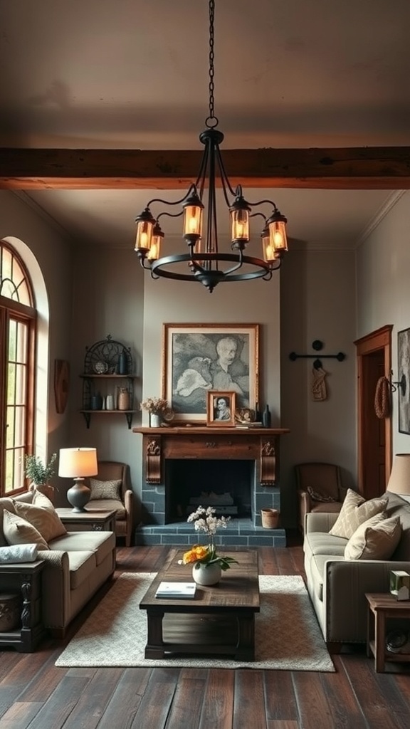 A rustic living room featuring a chandelier and warm lighting.