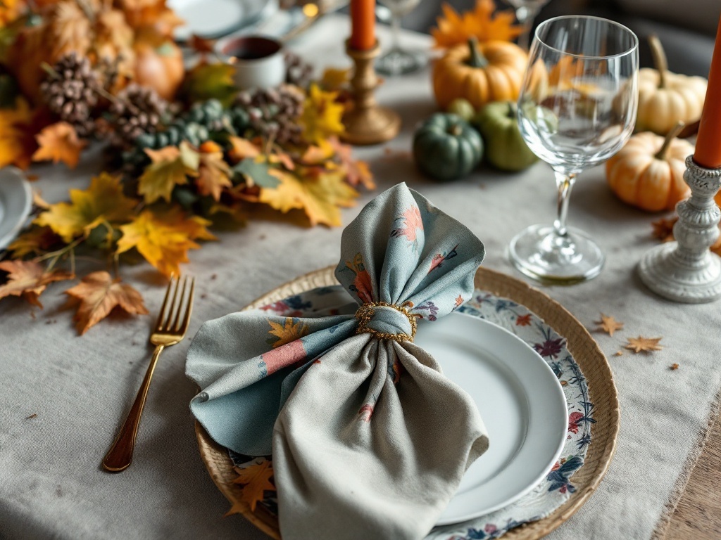 A beautifully set Thanksgiving table featuring a folded napkin tied with a decorative ring, surrounded by autumn leaves and mini pumpkins.