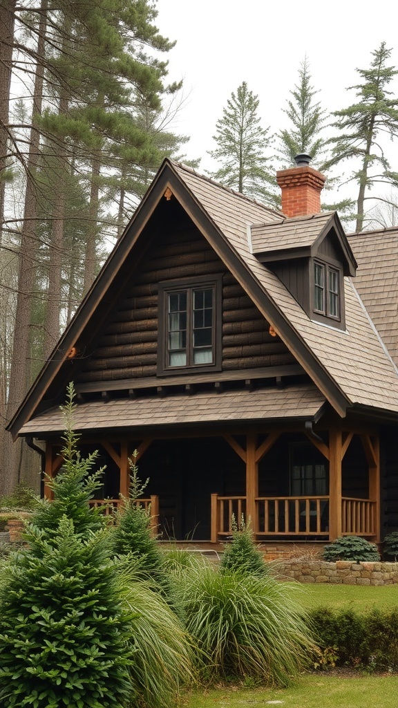 A rustic house with a unique roof design surrounded by trees and greenery.