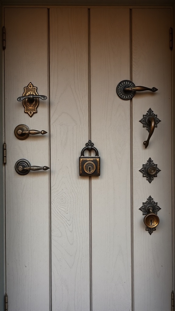 A rustic door featuring various unique hardware elements including handles and locks.
