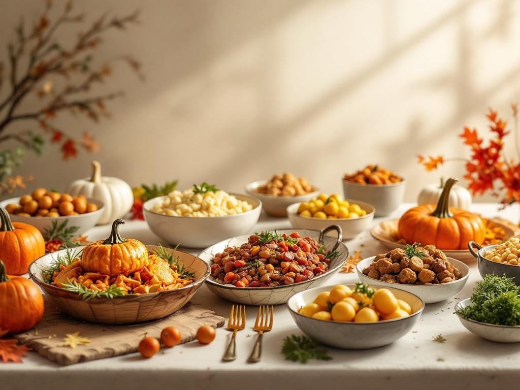 A beautifully arranged Thanksgiving table with various unique serving dishes filled with colorful food and small pumpkins as decor.