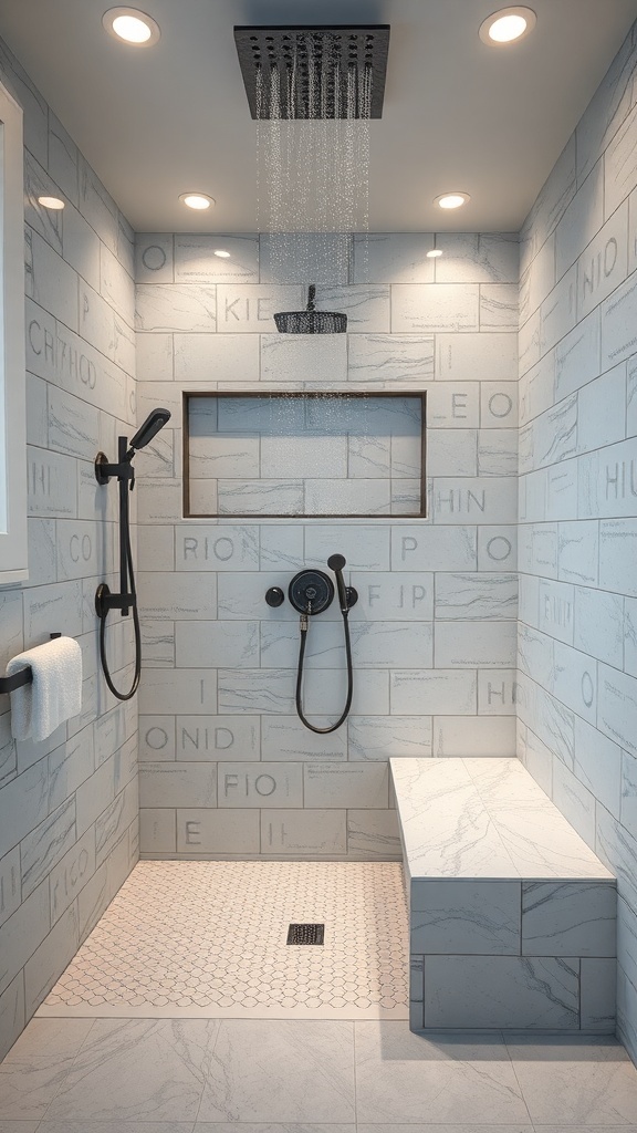 Modern shower design with rainfall showerhead, textured walls, and built-in bench