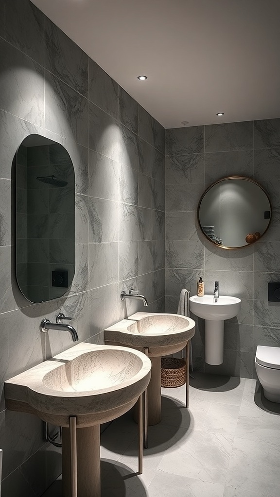 Modern bathroom with unique stone sinks and elegant decor.