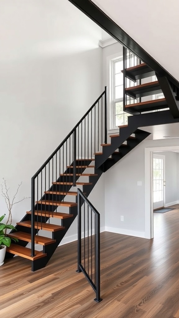 A modern staircase with black metal railings and wooden steps in a bright interior.