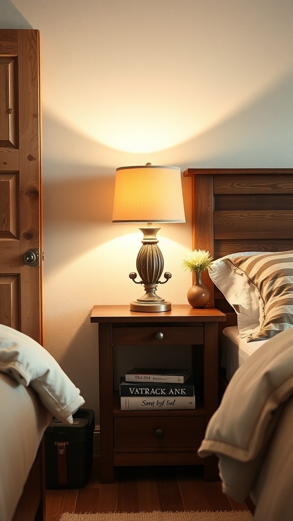 A stylish table lamp on a wooden side table next to a bed.